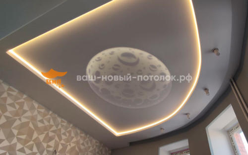Двухуровневый натяжной потолок с фотопечатью и светодиодной лентой