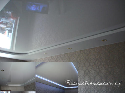 Двухуровневый глянцевый натяжной потолок, 27000р