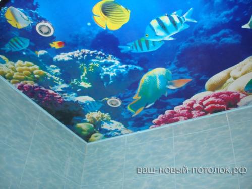 Натяжной потолок  с фотопечатью в ванной